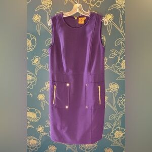 TORY BURCH purple PATCH POCKET gold accent SIZE 12 wool blend dress